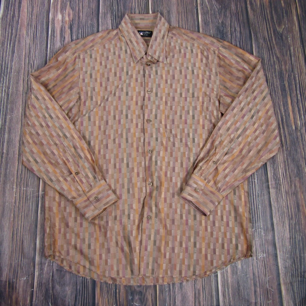 Riscatto Shirt‎ Mens Large Brown Pink Geometric Checkered Made in Italy Dressy
